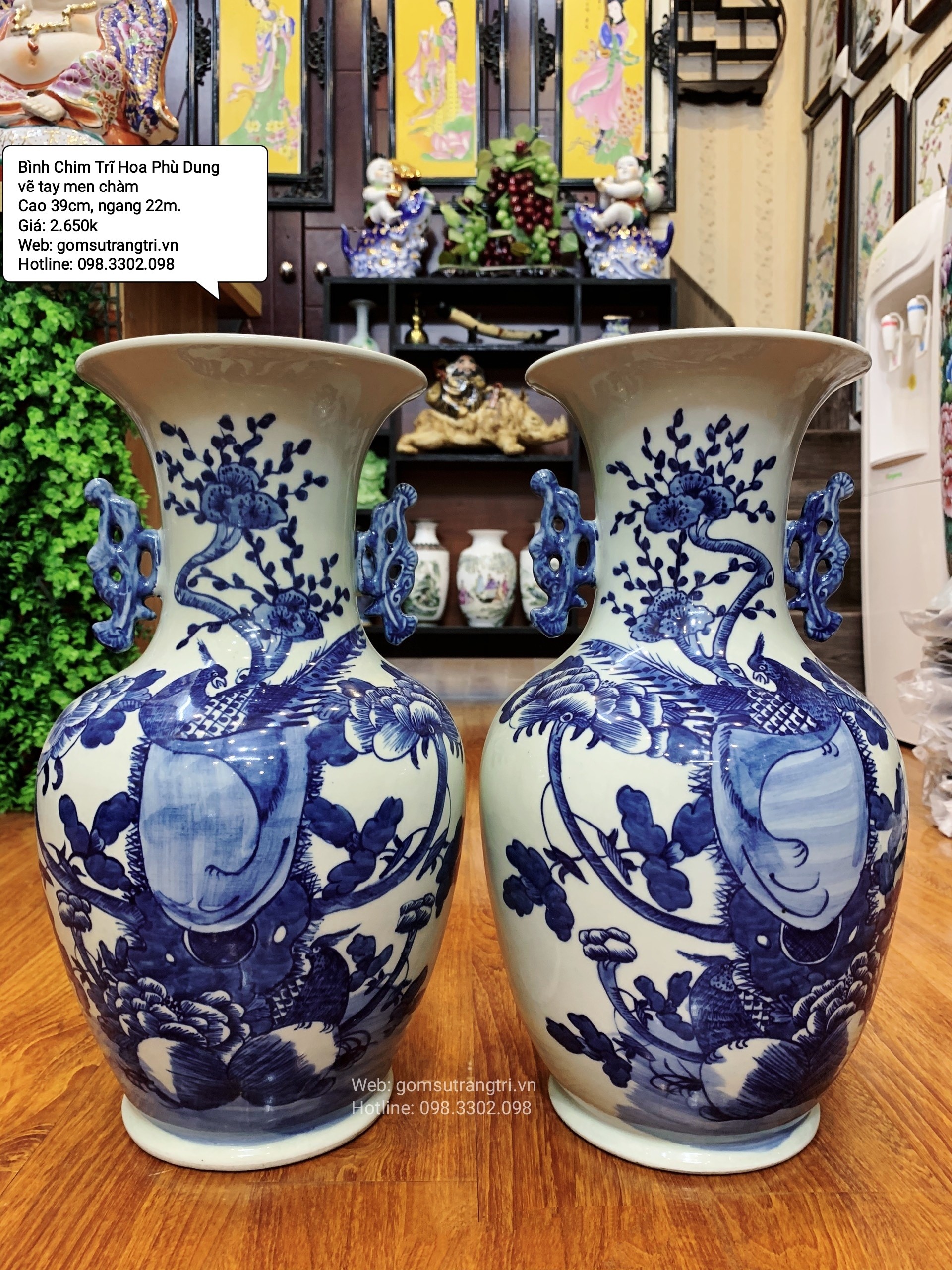 Cặp bình tích cổ Chim Trĩ Hoa Phù Dung
